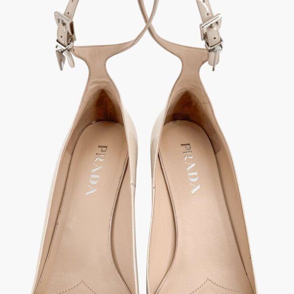 Prada Decolette Triangle Logo Mary Jane Pumps Size 40 US 10 Beige White Low Heel - Picture 5 of 14